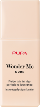 PUPA Wonder Me Nude, beżowy fluid skin tint do twarzy w prostokątnej butelce, widok z przodu.