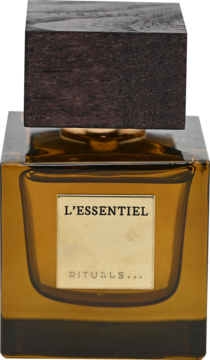 Rituals L'Essentiel, damska woda perfumowana w bursztynowej butelce z drewnianym korkiem, widok z przodu.