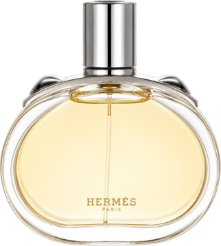 Hermes Barénia EDP, damska woda perfumowana do ponownego napełnienia. Zaokrąglona szklana butelka z srebrną nakrętką, widok z przodu.