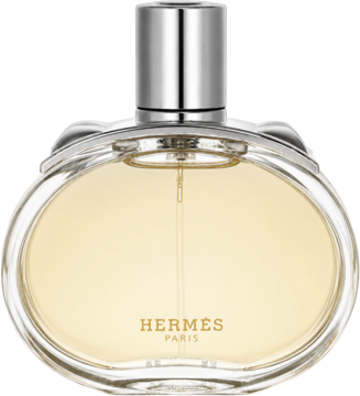 Woda perfumowana Hermes Barénia Eau de Parfum w owalnym flakonie z żółtą cieczą i srebrną nakrętką, widok z przodu.