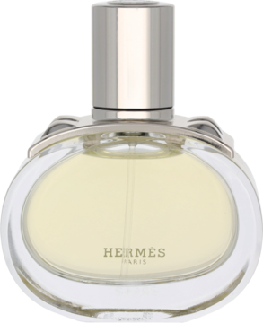 Damska woda perfumowana Hermes Barénia, okrągła szklana butelka z żółtym płynem, srebrną nakrętką, widok z przodu.