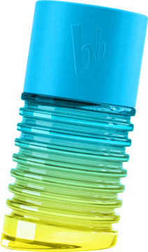 Bruno Banani Limited Edition, męska woda toaletowa, butelka z gradientem błękit-żółć, żeberkowana, logo bb, pochylona.