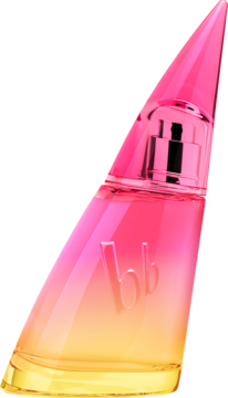 Damska woda toaletowa Bruno Banani Limited Edition w pochylonej, różowo-żółtej butelce z logo 'bb'.