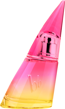 Damska woda toaletowa Bruno Banani Limited Edition, różowo-żółta butelka z metalowym aplikatorem, widok na ukos.