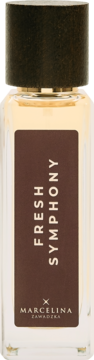 Fresh Symphony Marcelina Zawadzka, damska woda perfumowana, butelka z brązową etykietą, złota nakrętka, front.