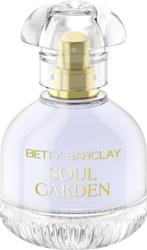 Woda toaletowa Betty Barclay Soul Garden w przezroczystej butelce z ozdobnym, kwiatowym korkiem i złotymi detalami.