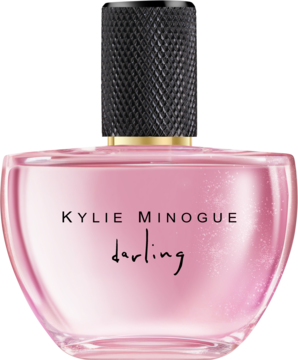 Kylie Minogue Darling różowe perfumy damskie, elegancka butelka z czarnym korkiem, frontalny widok produktu.