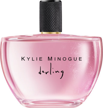 Kylie Minogue Darling, różowa kwiatowo-owocowa woda perfumowana w szklanym flakonie, widok z przodu.