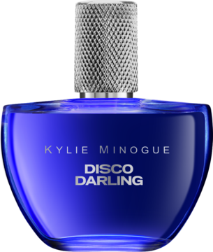 Kylie Minogue Disco Darling woda perfumowana, zakrzywiona granatowa butelka ze srebrną, ryflowaną nakrętką.
