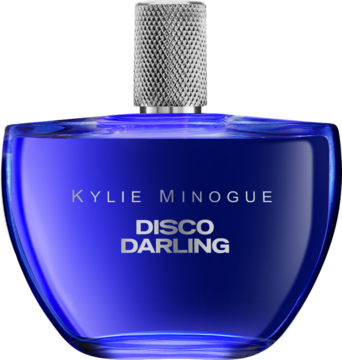 Kylie Minogue Disco Darling woda perfumowana w eleganckiej, niebieskiej butelce z srebrnym korkiem, widok z przodu.