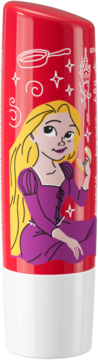 Czerwona pielęgnująca pomadka NIVEA Wild Cranberry Roszpunka Disney Princess. Na opakowaniu Rapunzel, patelnia.