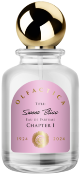 Olfactica Sweet Bliss Eau de Parfum, przezroczysta butelka z różową etykietą i złotym, kulistym korkiem. Z przodu.