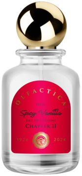 Olfactica Spicy Vanilla woda perfumowana, przezroczysta butelka z czerwoną etykietą i złotą zakrętką, widok z przodu.