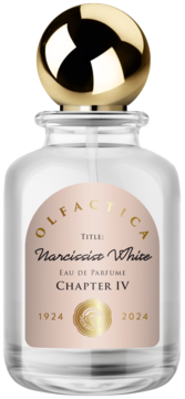 Flakon wody perfumowanej Olfactica Narcissico White, przezroczysty, z kulistą złotą nakrętką i różową etykietą.