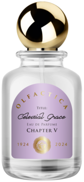 Przezroczysta butelka perfum Olfactica Celestial Grace, z lawendową etykietą i kulistą, złotą zakrętką.