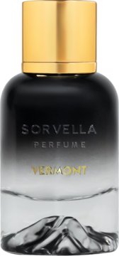 Sorvella Vermont Perfume. Butelka z czarnym gradientem, złotym korkiem, reliefem gór i złotym napisem Vermont.