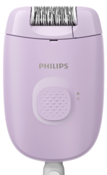 Fioletowy depilator elektryczny Philips, widok z przodu, z głowicą usuwającą włoski i przyciskiem.