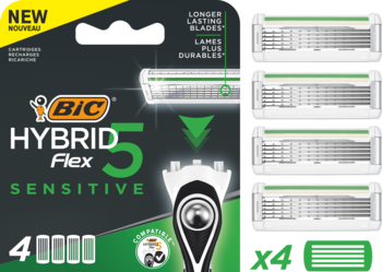 Czarno-zielone opakowanie 4 wymiennych ostrzy BIC Hybrid Flex 5 Sensitive, 5-ostrzowe wkłady widoczne z przodu.