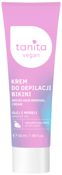 Różowo-fioletowa tubka kremu Tanita Vegan do depilacji bikini z olejkiem morelowym, 50ml, widok z przodu.