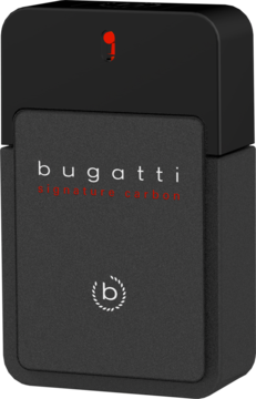 Bugatti Signature Carbon woda toaletowa, czarny prostokątny flakon z czerwonym napisem i akcentem, widok z przodu.