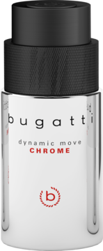 Bugatti Dynamic Move Chrome męska EDT, chromowana butelka z czarnym korkiem, czerwony napis CHROME, przód.