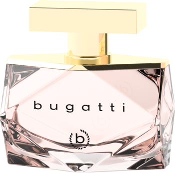 Różowa woda perfumowana Bugatti Bellissima w fasetowanej butelce z złotym korkiem, widok z przodu.