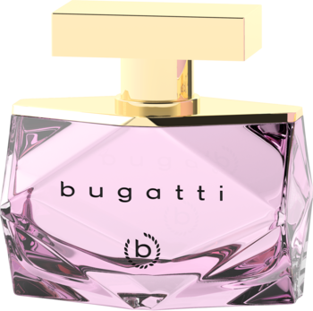 Bugatti Bellissima Viola, damska woda perfumowana w różowym fasetowanym flakonie z złotym korkiem, widok z przodu.