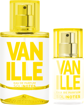 Zestaw Solinotes Vanilla: dwie butelki perfum 50 i 15 ml, żółte z białym napisem VANILLE, na jasnym tle.