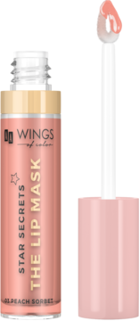 Star Secrets The Lip Mask 03 Peach Sorbet. Różowo-brzoskwiniowa nawilżająca maska do ust z aplikatorem, widok z przodu.