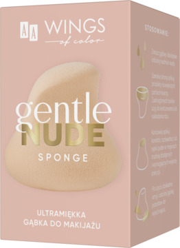 Ultra-miękka gąbka do makijażu AA Wings of Color Gentle Nude. Beżowe pudełko z grafiką gąbki, widok z przodu i boku.
