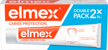 Dwupak pasty do zębów elmex® Caries Protection 2x75ml, biało-pomarańczowe pudełko z niebieskim tłem, przód.