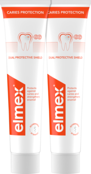 Dwupak pasty do zębów elmex Caries Protection, białe tubki z czerwoną grafiką, widok z przodu. Ochrona przed próchnicą.