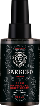 Nawilżający i matujący krem do głowy Barbero 125ml. Czarna butelka z lwem, ozdobny wzór, widok z przodu.