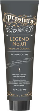 Krem do golenia Prastara Legend No.01, ciemne opakowanie z ozdobnym logo i złotymi detalami, widok z przodu. 95g.