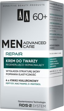 AA Men Advanced Care 60+ regenerujący krem do twarzy Repair, w biało-srebrnym pudełku, widok pod kątem.
