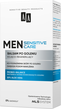 Biały kartonik AA Men Sensitive Care balsam po goleniu kojąco-regenerujący z 20% aloesem, widok z przodu.