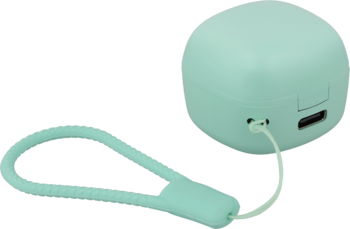 Miętowe etui ładujące do słuchawek z opaską na nadgarstek i portem USB-C, widok z boku.