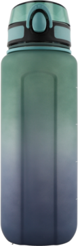 Bidon sportowy w zielono-granatowym gradiencie, matowy, z turkusową zakrętką i przyciskiem, widok z przodu.
