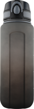 Sportowa butelka na wodę w gradientowym odcieniu szarości, z czarną nakrętką z uchwytem i zatrzaskiem, widok z przodu.