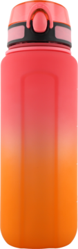 Bidon sportowy w gradientowych kolorach od czerwonego do pomarańczowego, z czarno-różową zakrętką, widok z przodu.