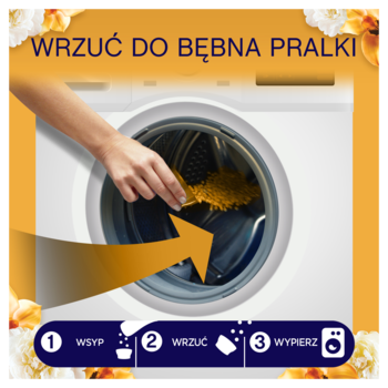 Ręka wsypuje złote perełki zapachowe Lenor do bębna pralki, z graficzną instrukcją użycia.