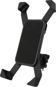 Czarny regulowany rowerowy uchwyt na telefon z czterema ramionami i piankową podkładką, widok z przodu pod kątem.