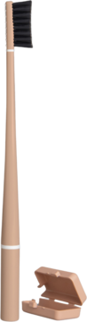 Piuma Bamboo Carbon toothbrush, tan handle, black active bamboo carbon bristles, with open travel case.
