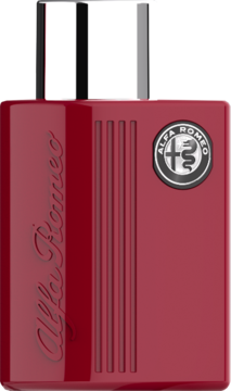 Czerwony flakon Alfa Romeo Red EDT z tłoczonym napisem i logo, pionowe żłobienia, srebrny korek, widok z przodu.