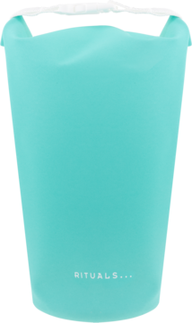 Turkusowa wodoodporna torebka Rituals Sun Care na kosmetyki, z białym logo Rituals, widok z przodu.