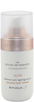 Rituals The Ritual of Namaste Glow serum, biała butelka z różowo-złotym paskiem i bakuchiolem, widok z przodu.