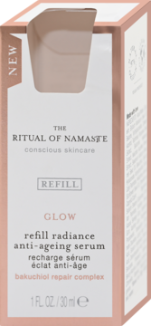 Rituals The Ritual Of Namaste Glow serum refill box, pink and white, 30ml, bakuchiol complex.