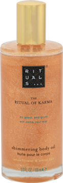 Rituals The Ritual of Karma Shimmering Body Oil z kwiatem lotosu, złota nakrętka, widok z przodu.