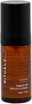 Odżywczy olejek do brody Rituals Homme w brązowej szklanej butelce, widok z przodu, argan + basil.