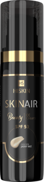 Hiskin SKINAIr Beauty CC Cream SPF 50 w czarnej butelce z pompką i złotymi detalami, odcień Jasny Beż, widok z przodu.